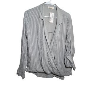 Promesa Blouse Women's Large Green Collared Wrap V-Neck Shirt Top NWT